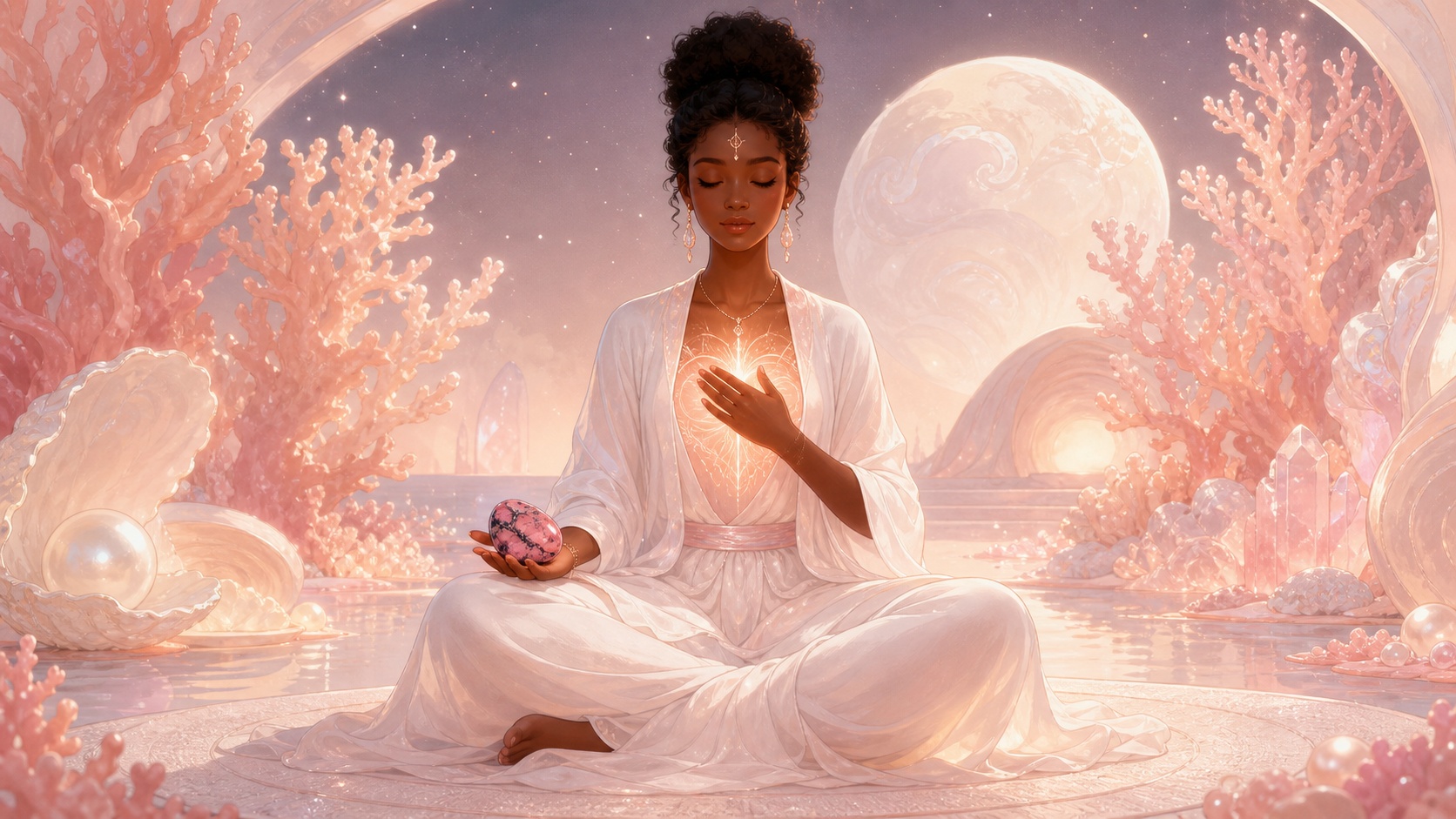 femme africaine assise en méditation nocturne avec une rhodonite dans la main, méditation de l'heure 01:33