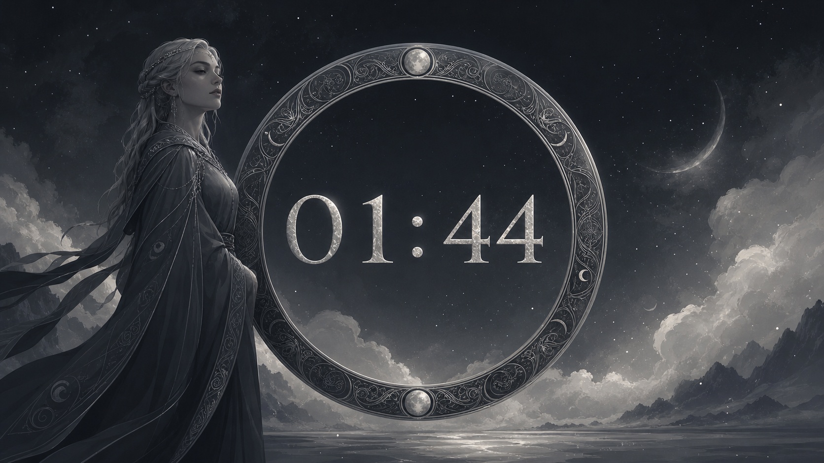 femme nordique devant un anneau gris ardoise et argent avec 01:44 et un ciel de nuit profonde, signification de l'heure 01:44