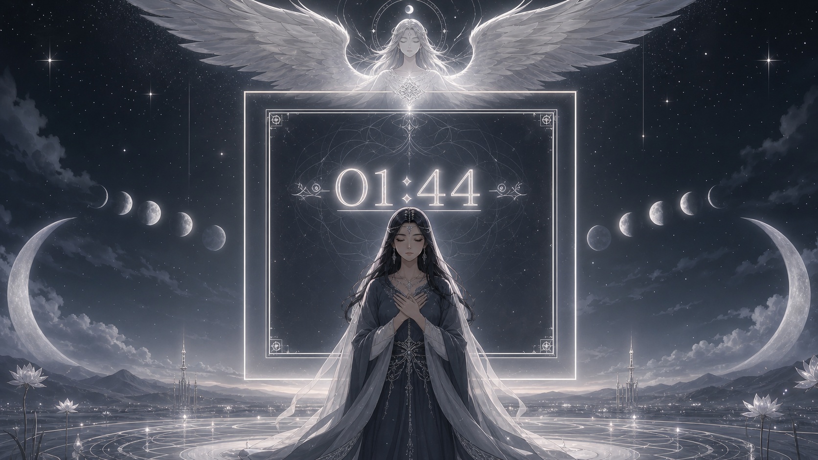 personnage moyen-oriental devant un carré géométrique doublement ancré gris ardoise et argent avec Lelahel, symbolique de l'heure 01:44