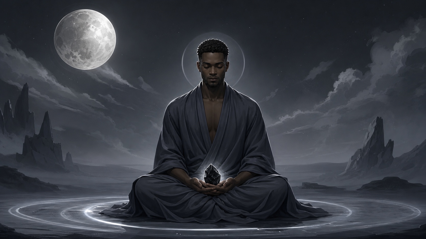 homme africain assis en méditation nocturne avec une obsidienne dans la main, méditation de l'heure 01:44