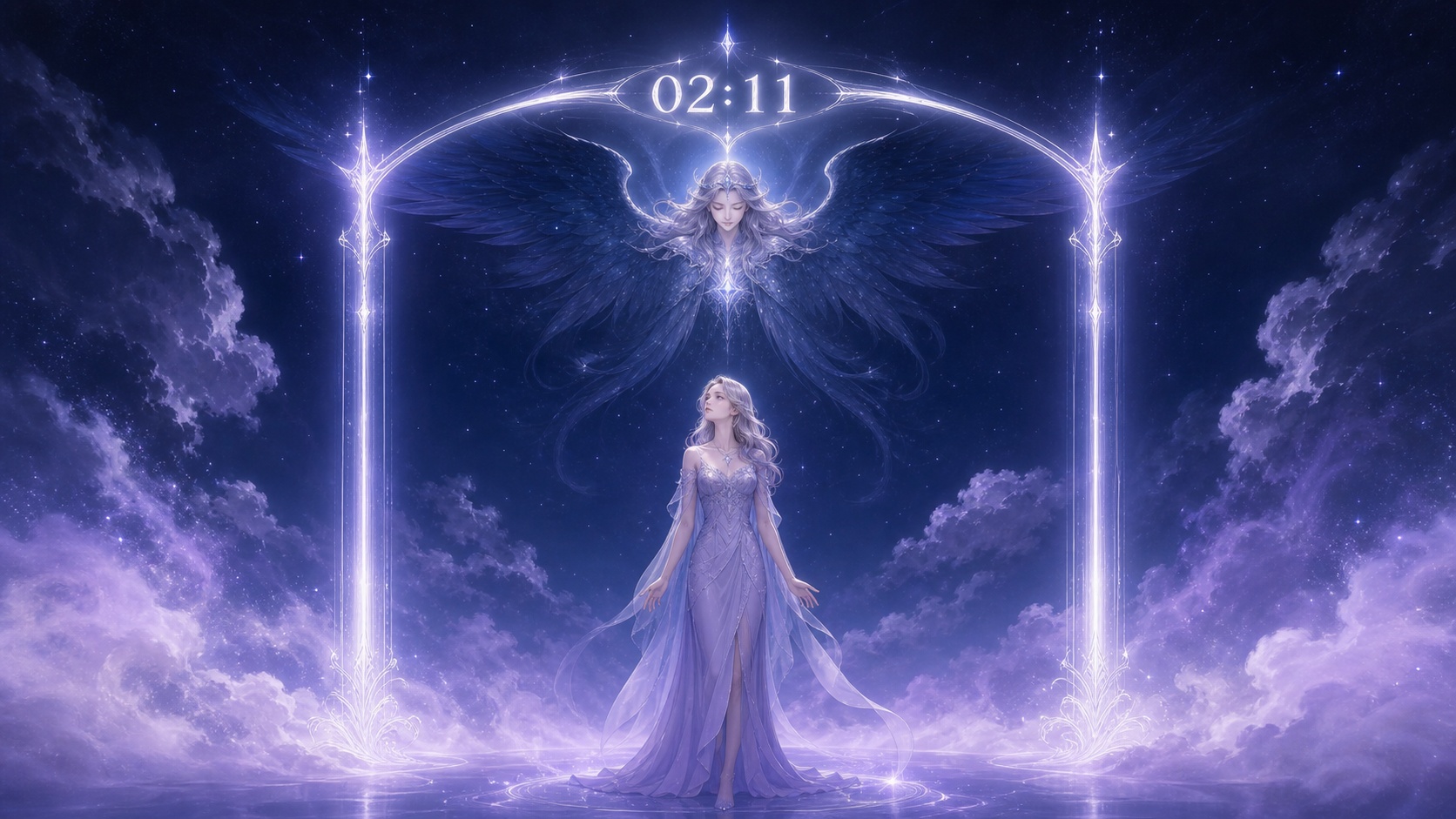 personnage européen entre deux piliers de lumière argent lunaire évoquant le 11 avec Achaiah dans l'arc, symbolique de l'heure 02:11