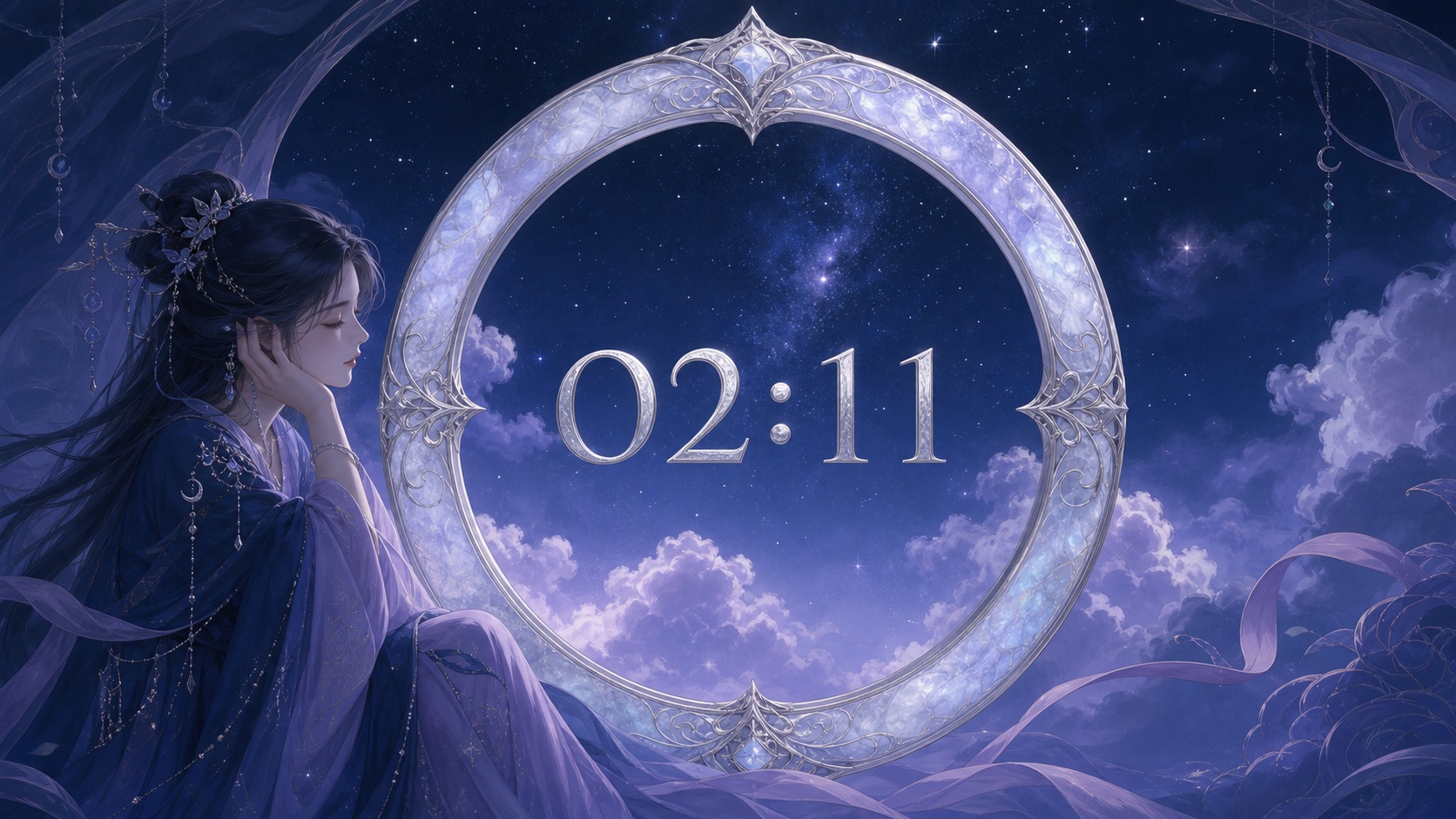 femme asiatique devant un anneau en pierre de lune avec 02:11 en argent lunaire et un ciel de nuit bleu et lavande, signification de l'heure 02:11