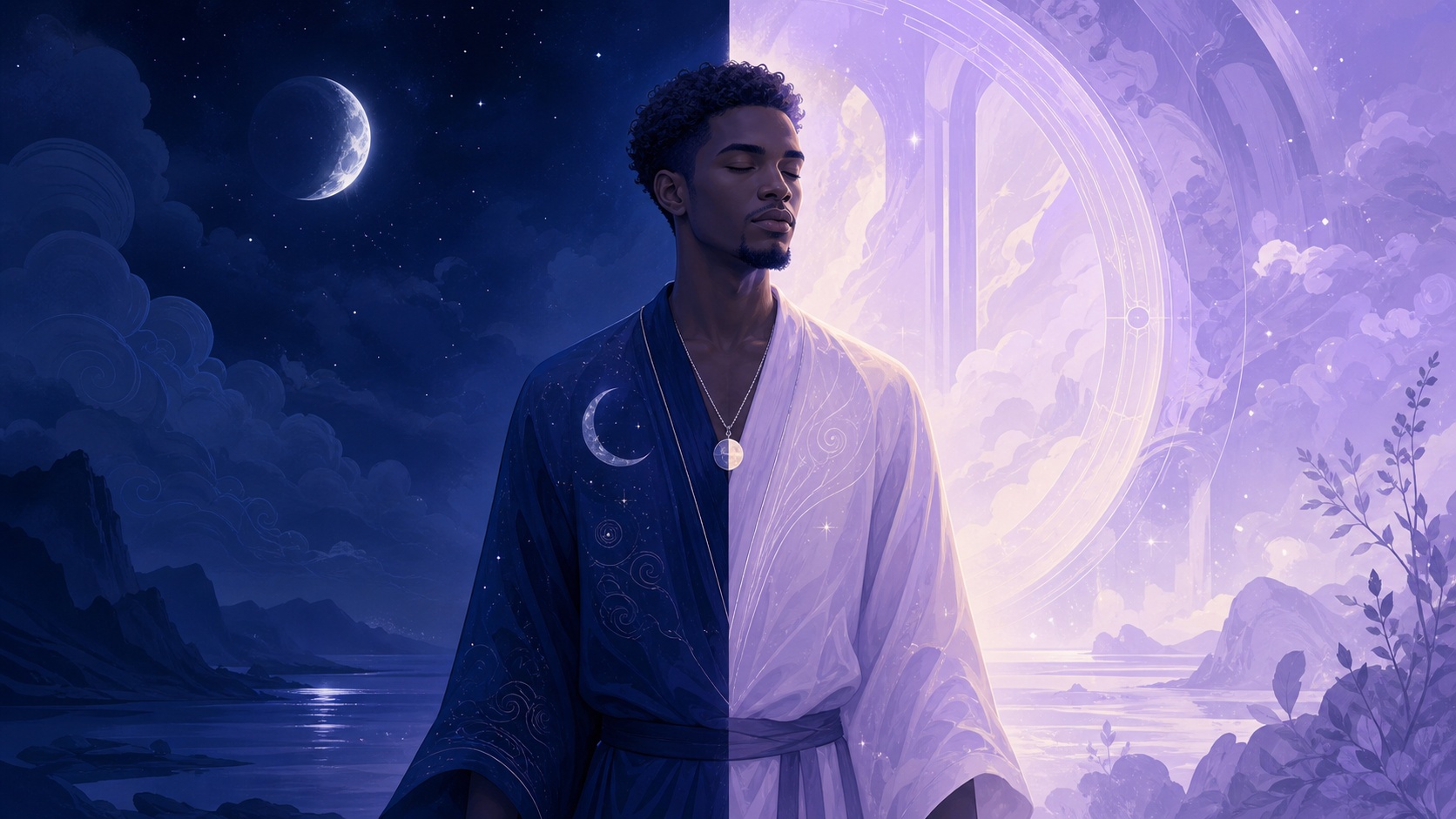 homme africain debout entre le bleu profond de la nuit et une lumière lavande pâle, enseignement de l'heure 02:11