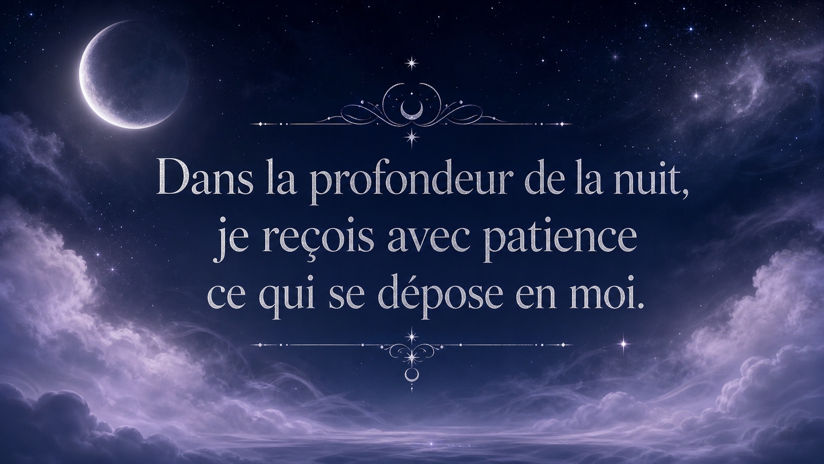 mantra de l'heure 02:11 en argent lunaire sur fond bleu nuit profond et lavande