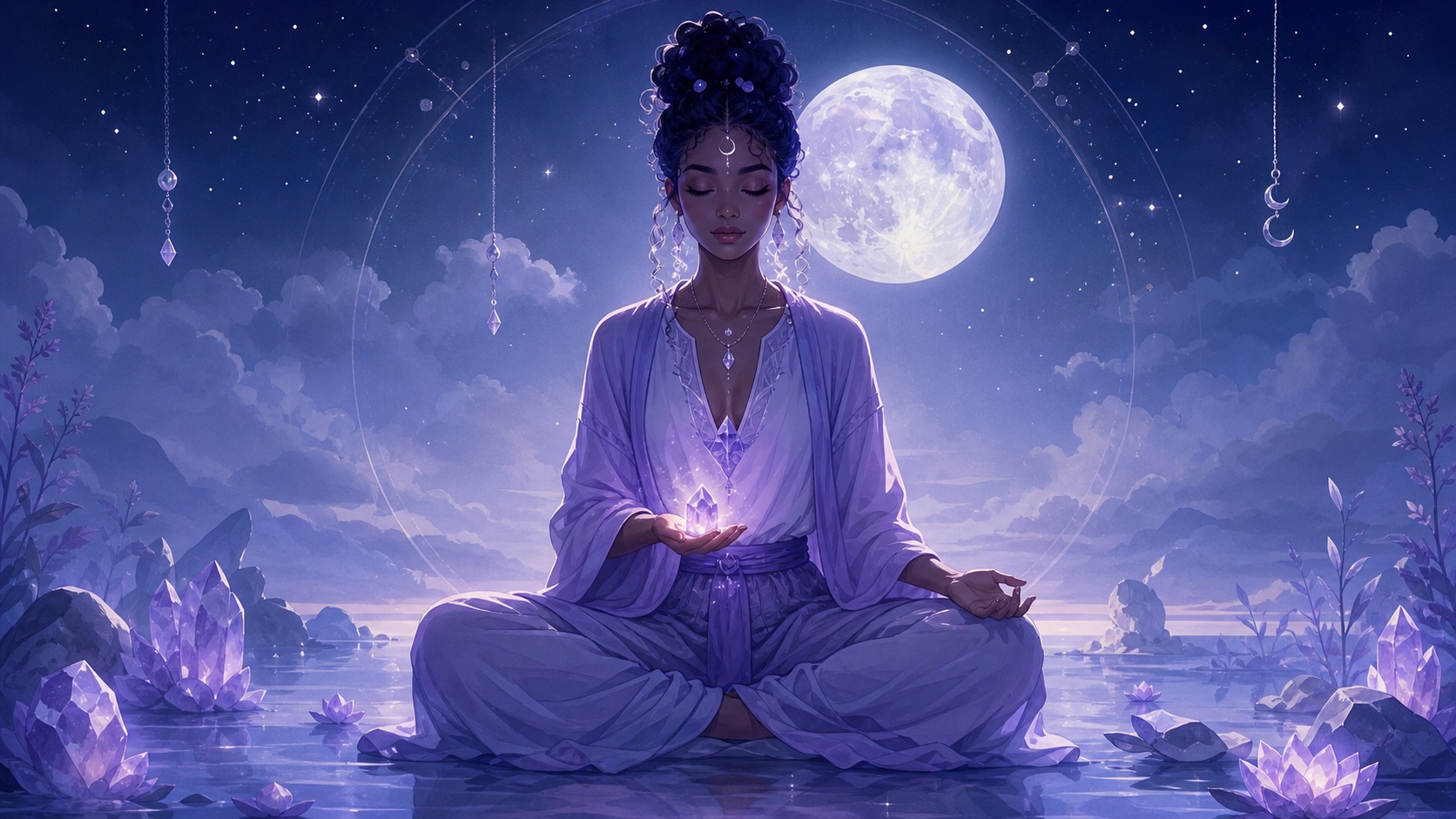 femme africaine assise en méditation dans le cœur de la nuit avec une améthyste dans la main, méditation de l'heure 02:11