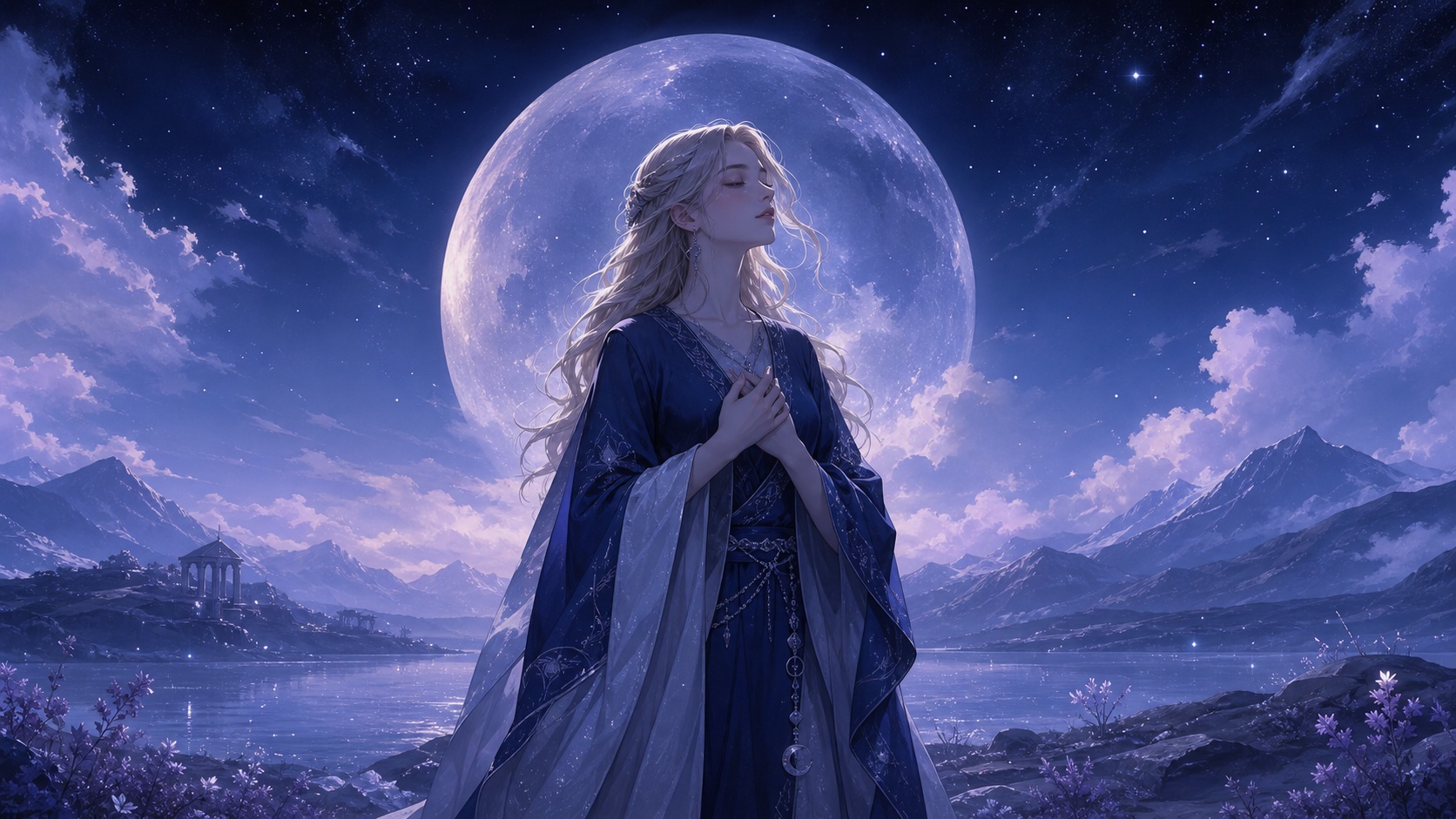 femme nordique debout dans un paysage de cœur de nuit bleu et lavande dans une posture de réceptivité patiente, vibration de l'heure 02:11