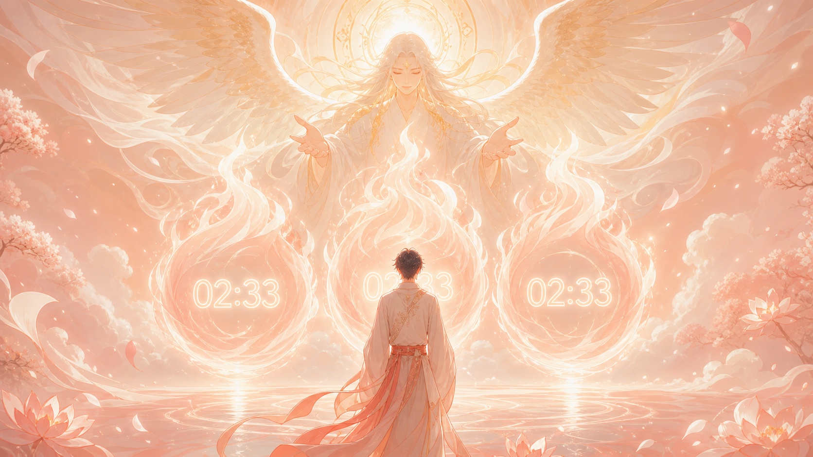 personnage asiatique devant trois flammes corail pâle avec Cahetel, symbolique de l'heure 02:33