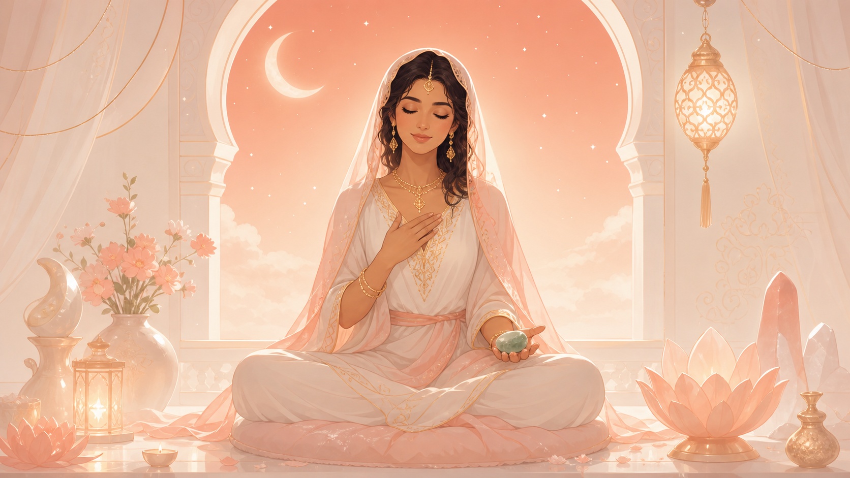 femme moyen-orientale assise en méditation nocturne avec une aventurine dans la main, méditation de l'heure 02:33