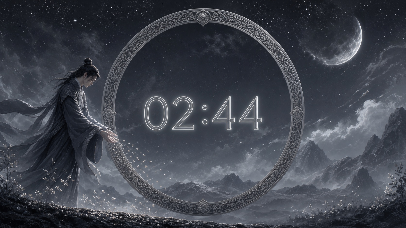 homme asiatique devant un anneau gris ardoise et argent mat avec 02:44 et un ciel de nuit profonde, signification de l'heure 02:44
