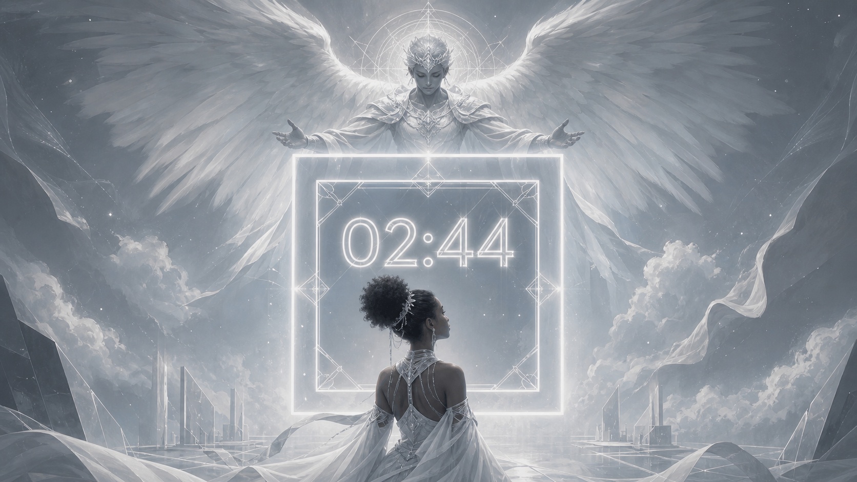 personnage africain devant un carré géométrique doublement ancré gris ardoise et blanc glacé avec Haziel, symbolique de l'heure 02:44
