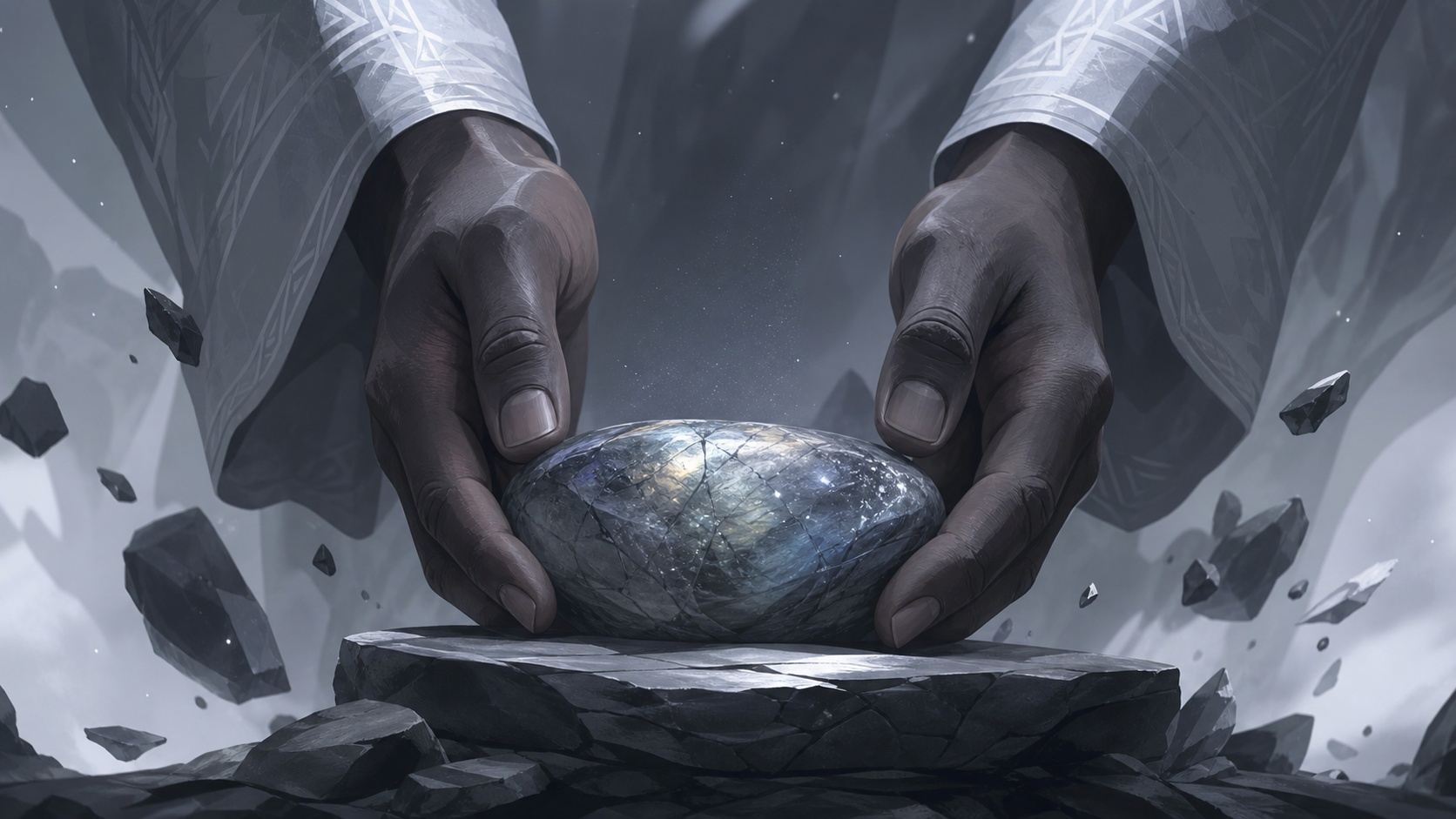 mains africaines tenant une labradorite dans un geste de nouvelle fondation, message de l'heure 02:44