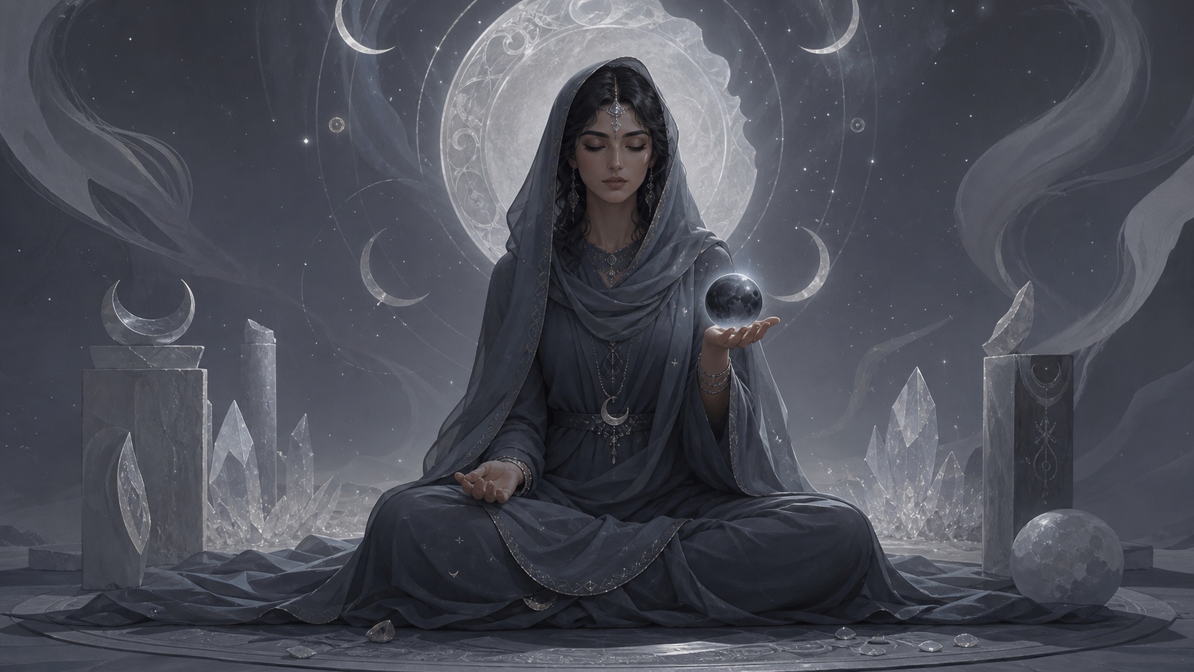 femme moyen-orientale assise en méditation nocturne avec une pierre de lune sombre dans la main, méditation de l'heure 02:44