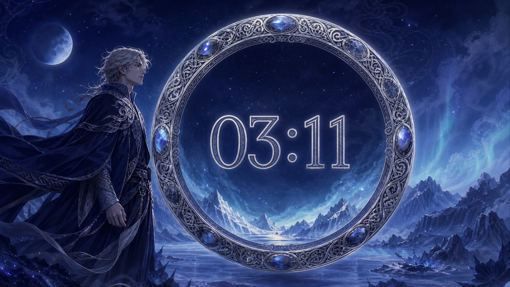 homme nordique devant un anneau en labradorite avec 03:11 en argent lunaire et un ciel de nuit indigo, signification de l'heure 03:11