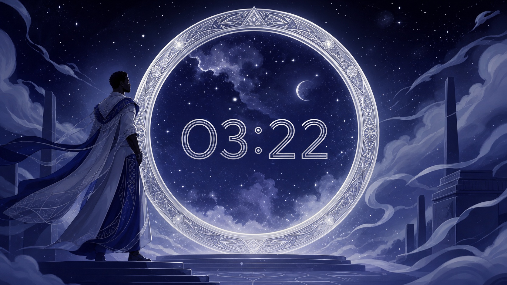homme africain devant un anneau blanc nacré avec 03:22 en argent lunaire et une nuit indigo veloutée, signification de l'heure 03:22