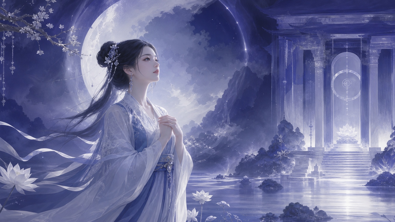 femme asiatique debout dans la nuit indigo dans une posture de construction confiante, vibration de l'heure 03:22