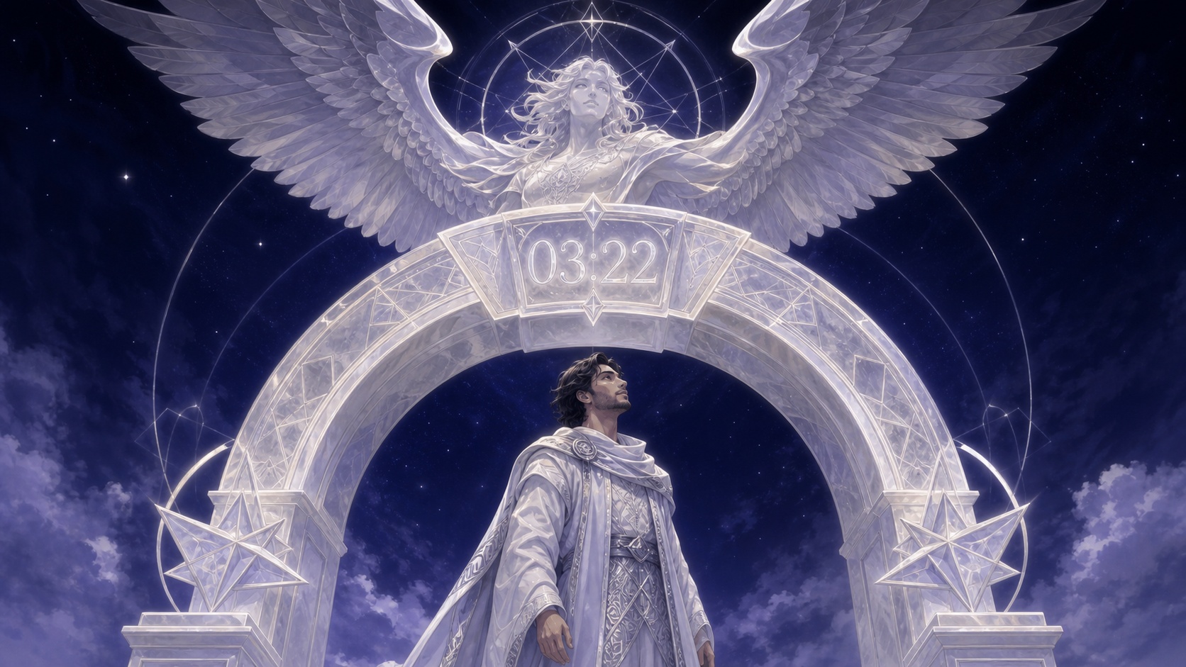 personnage moyen-oriental sous une arche géométrique nacrée avec Lauviah, symbolique de l'heure 03:22