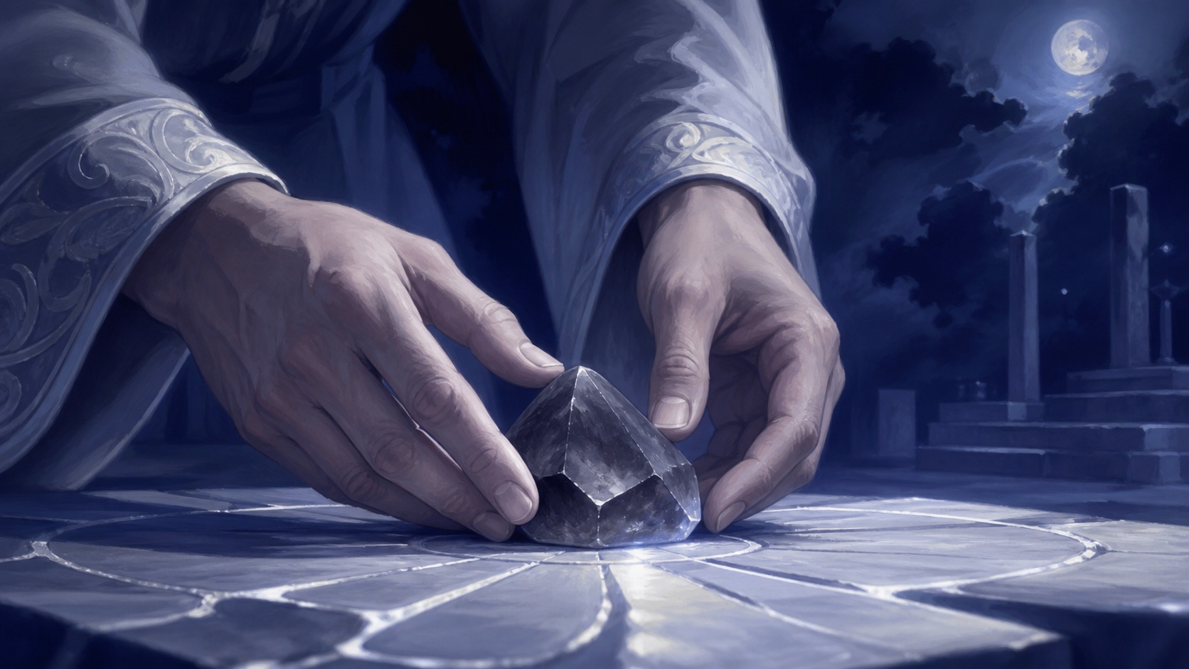 mains européennes posant un quartz fumé comme une pierre de fondation nocturne, message de l'heure 03:22
