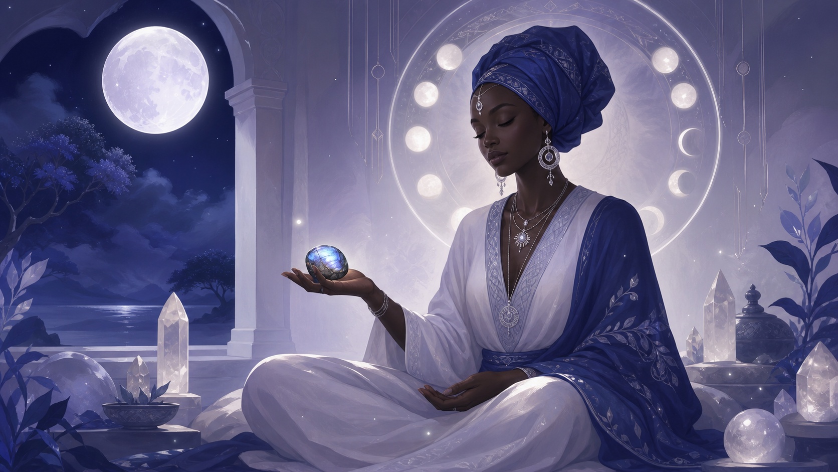 femme africaine assise en méditation nocturne avec une labradorite dans la main, méditation de l'heure 03:22