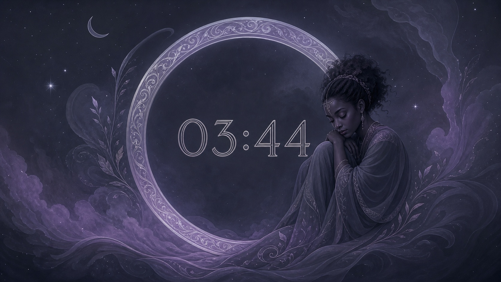 femme africaine devant un anneau gris ardoise et lilas nocturne avec 03:44 et un ciel de nuit profonde, signification de l'heure 03:44