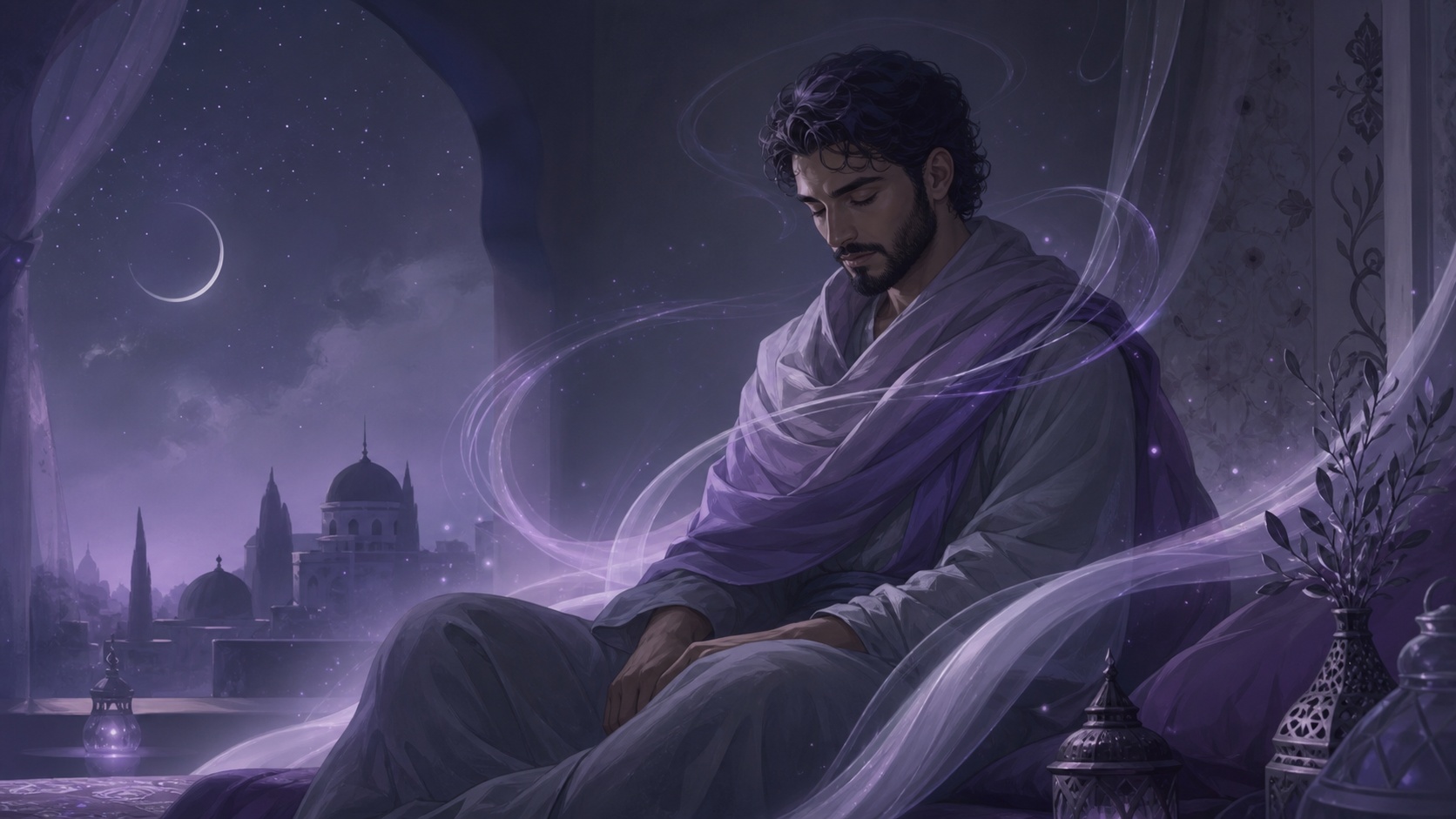 homme moyen-oriental abrité dans un refuge de lumière lilas nocturne, vibration de l'heure 03:44