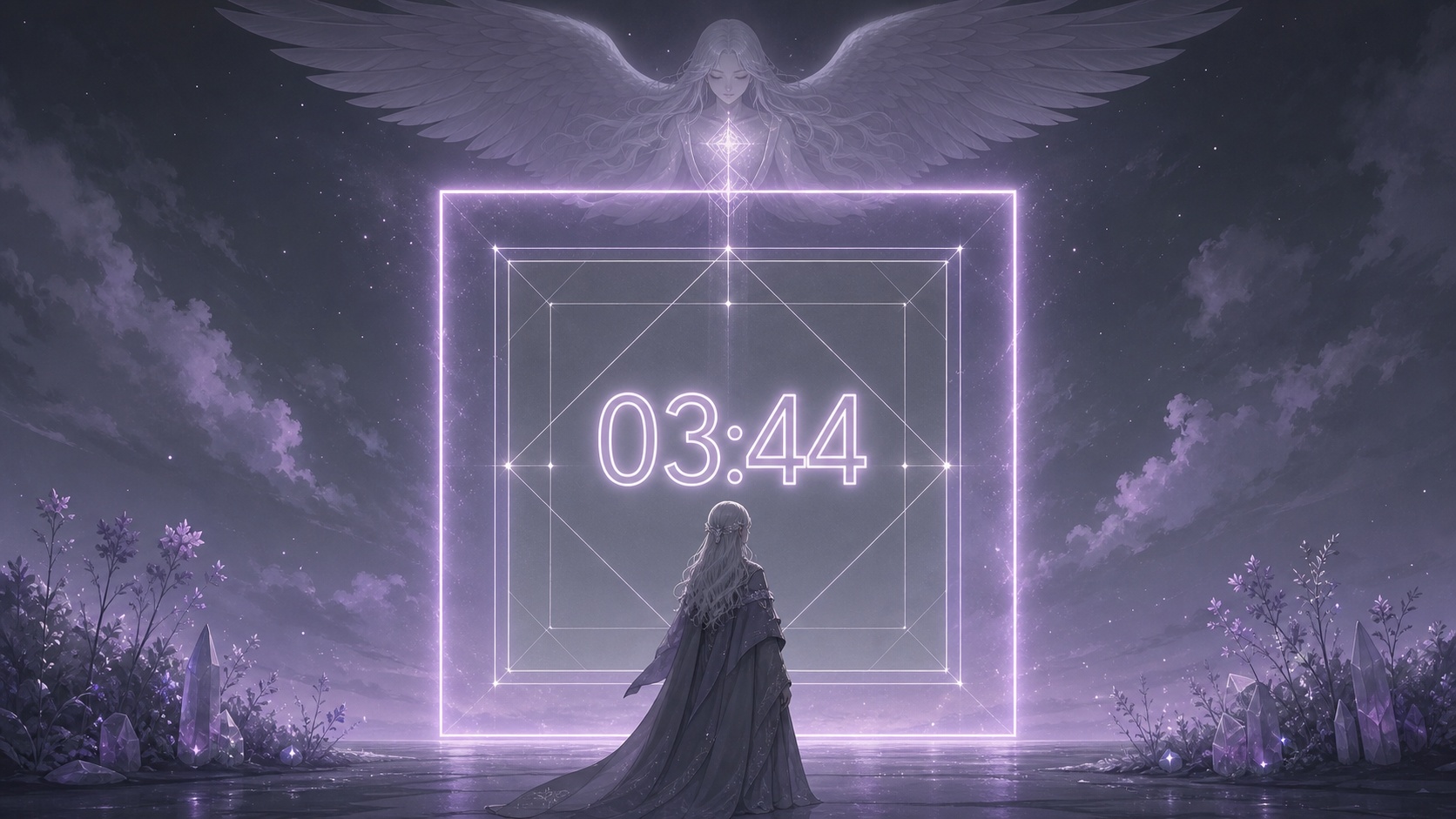 personnage européen devant un carré géométrique doublement ancré gris ardoise et lilas avec Hahaiah, symbolique de l'heure 03:44