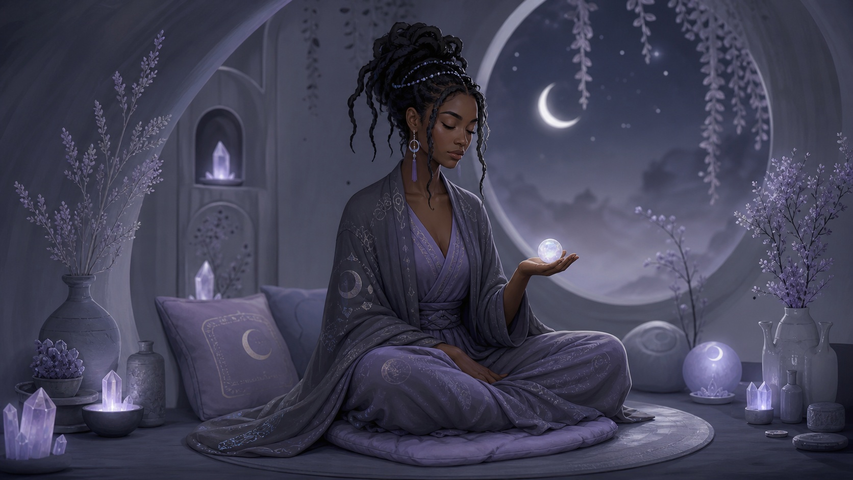 femme africaine assise en méditation nocturne avec une pierre de lune dans la main, méditation de l'heure 03:44