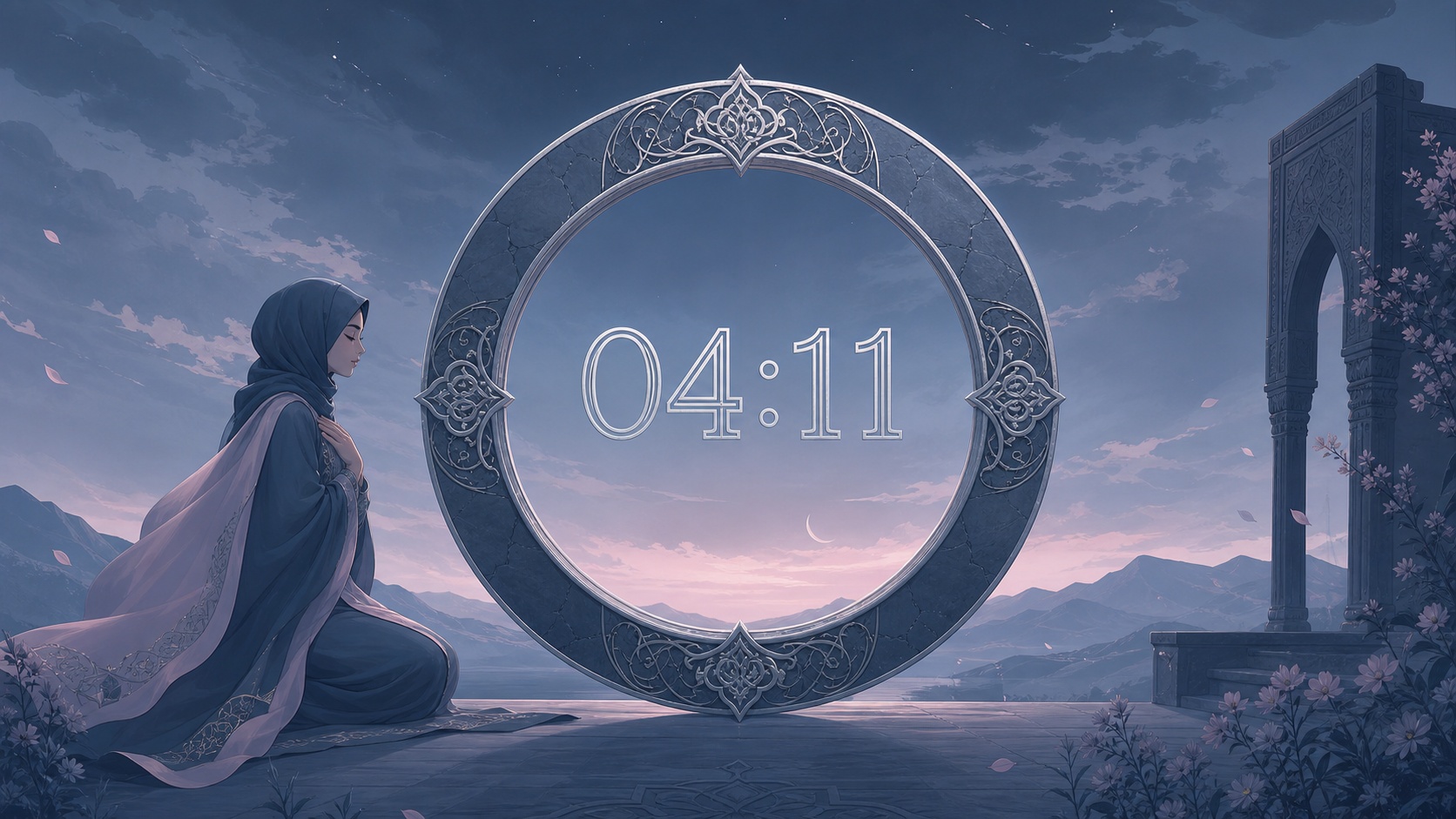 femme moyen-orientale devant un anneau en pierre ardoise avec 04:11 en argent lunaire et un ciel d'avant l'aube, signification de l'heure 04:11