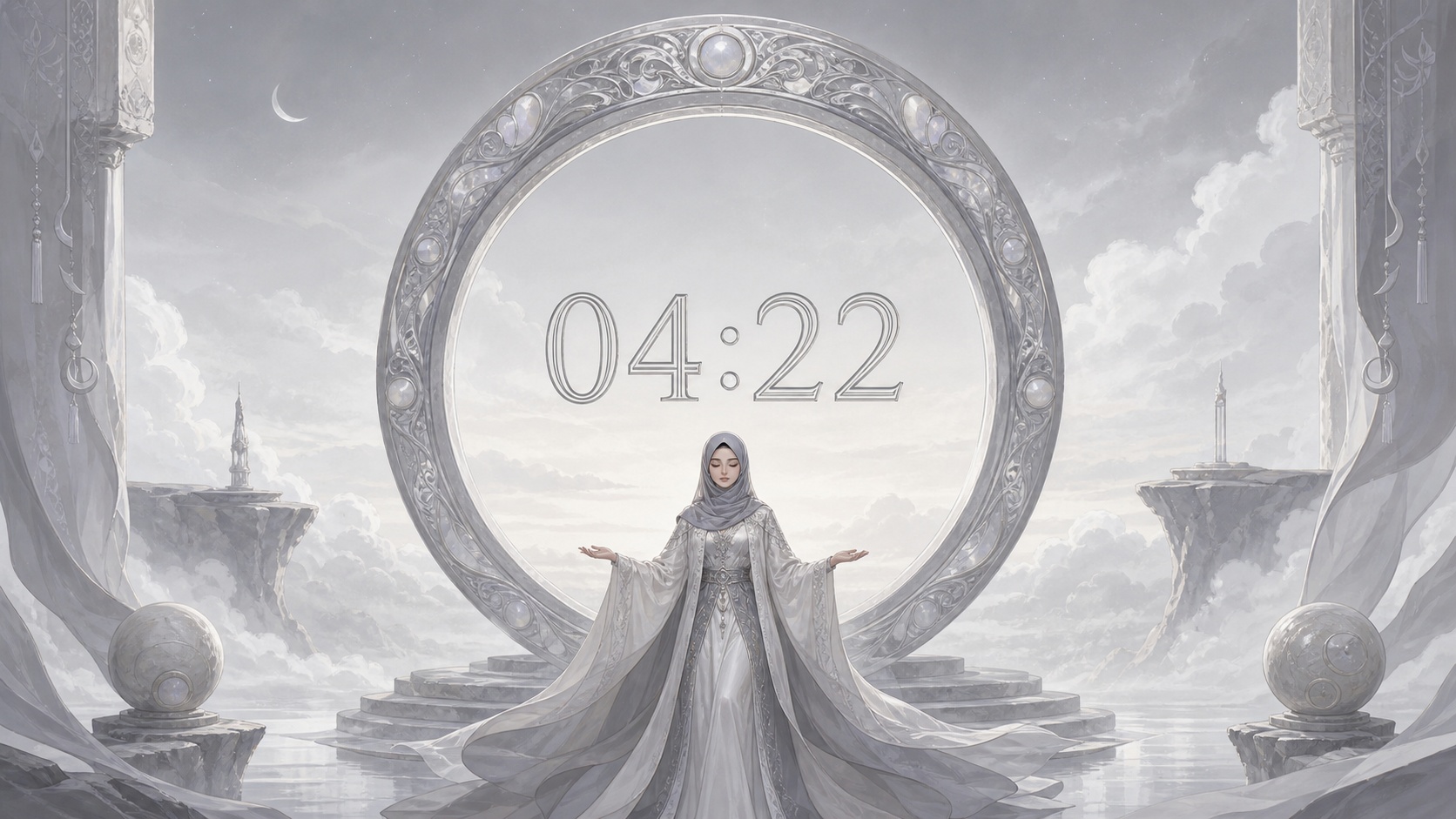femme moyen-orientale devant un anneau gris perle avec 04:22 en argent lunaire et un ciel d'avant l'aube, signification de l'heure 04:22