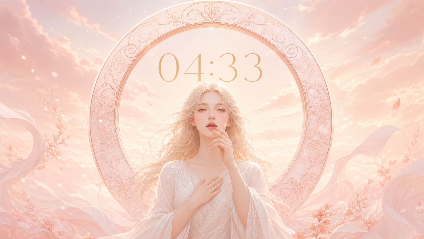 femme nordique devant un anneau nacré et rose avec 04:33 et un ciel d'avant l'aube corail, signification de l'heure 04:33