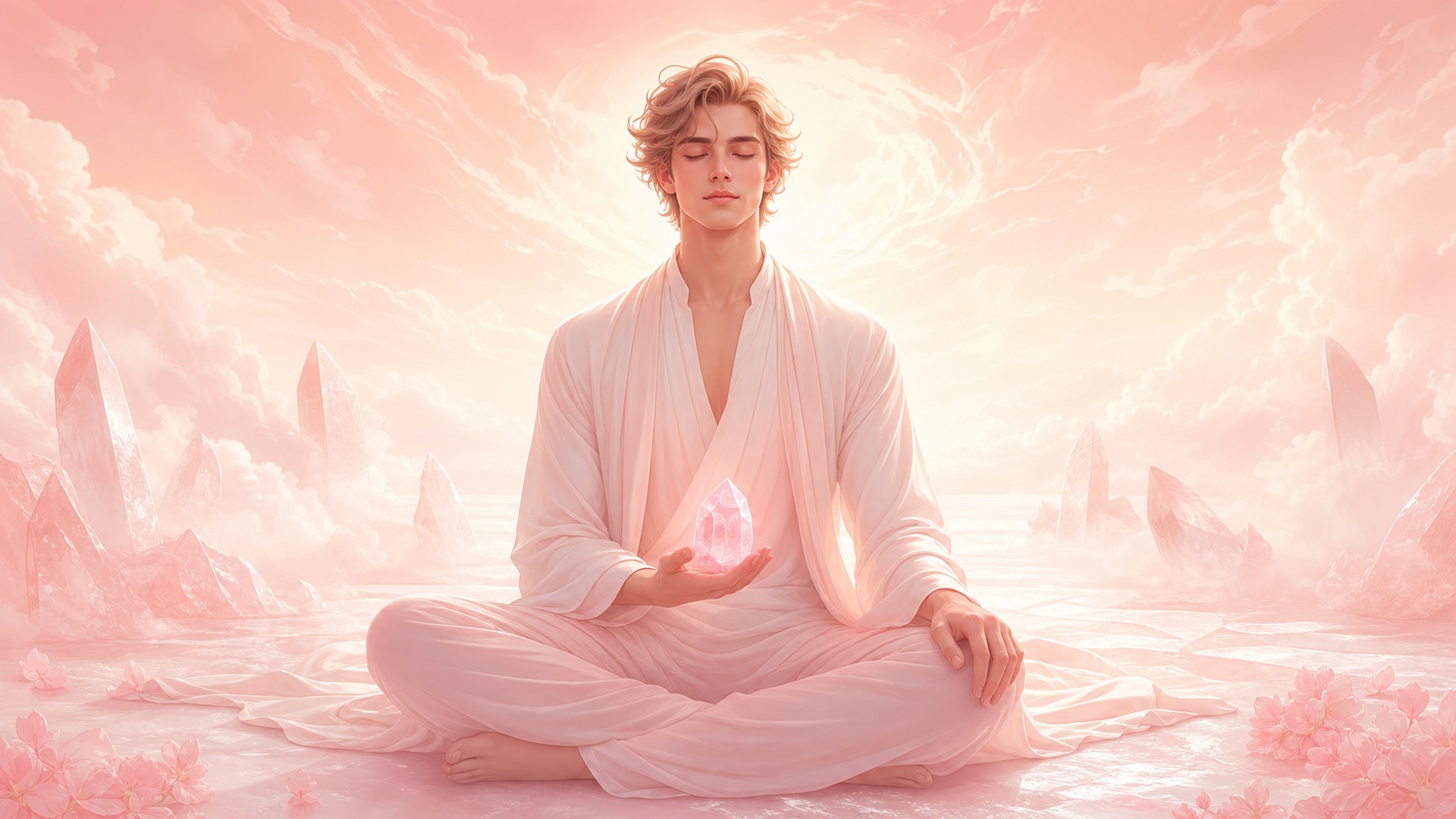 homme européen assis en méditation avant l'aube avec un quartz rose dans la main, méditation de l'heure 04:33