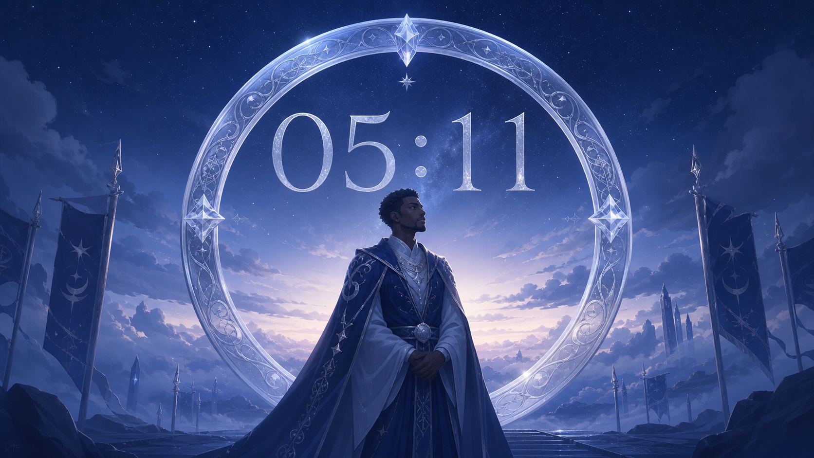 homme africain devant un anneau en cristal givré avec 05:11 en argent lunaire et un ciel de nuit finissante, signification de l'heure 05:11