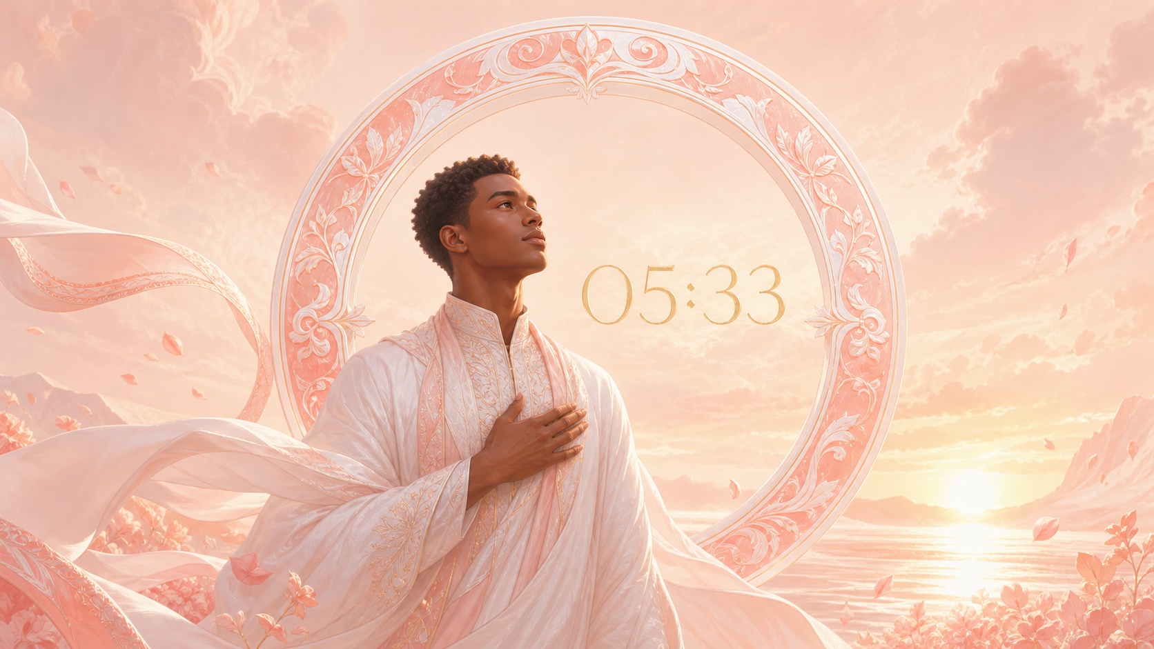 homme africain devant un anneau nacré et rose aurore avec 05:33 et une aube corail, signification de l'heure 05:33