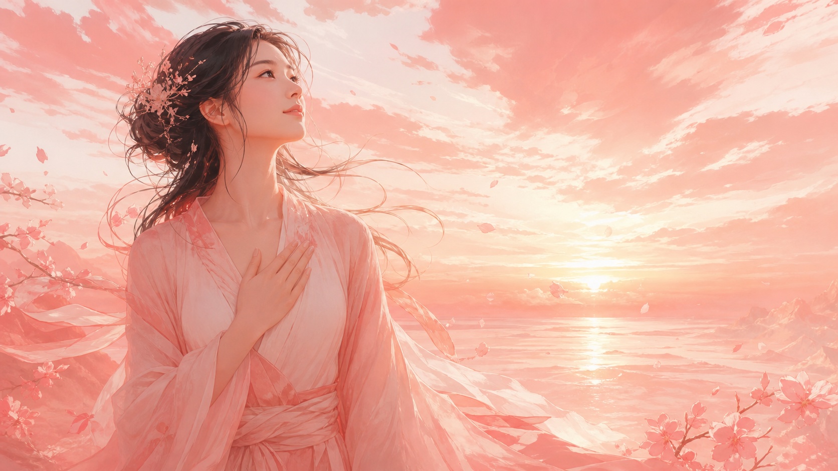 femme asiatique s'éveillant le cœur ouvert face à l'aurore, vibration de l'heure 05:33