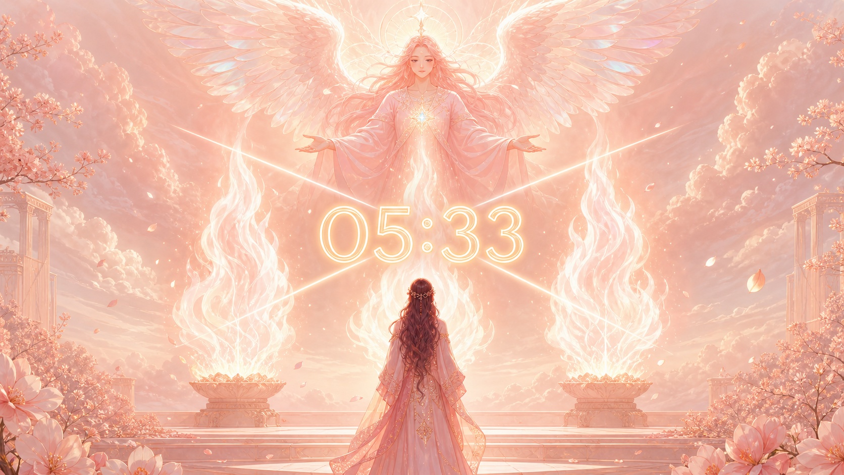 personnage moyen-oriental devant trois flammes corail avec Lauviah II, symbolique de l'heure 05:33