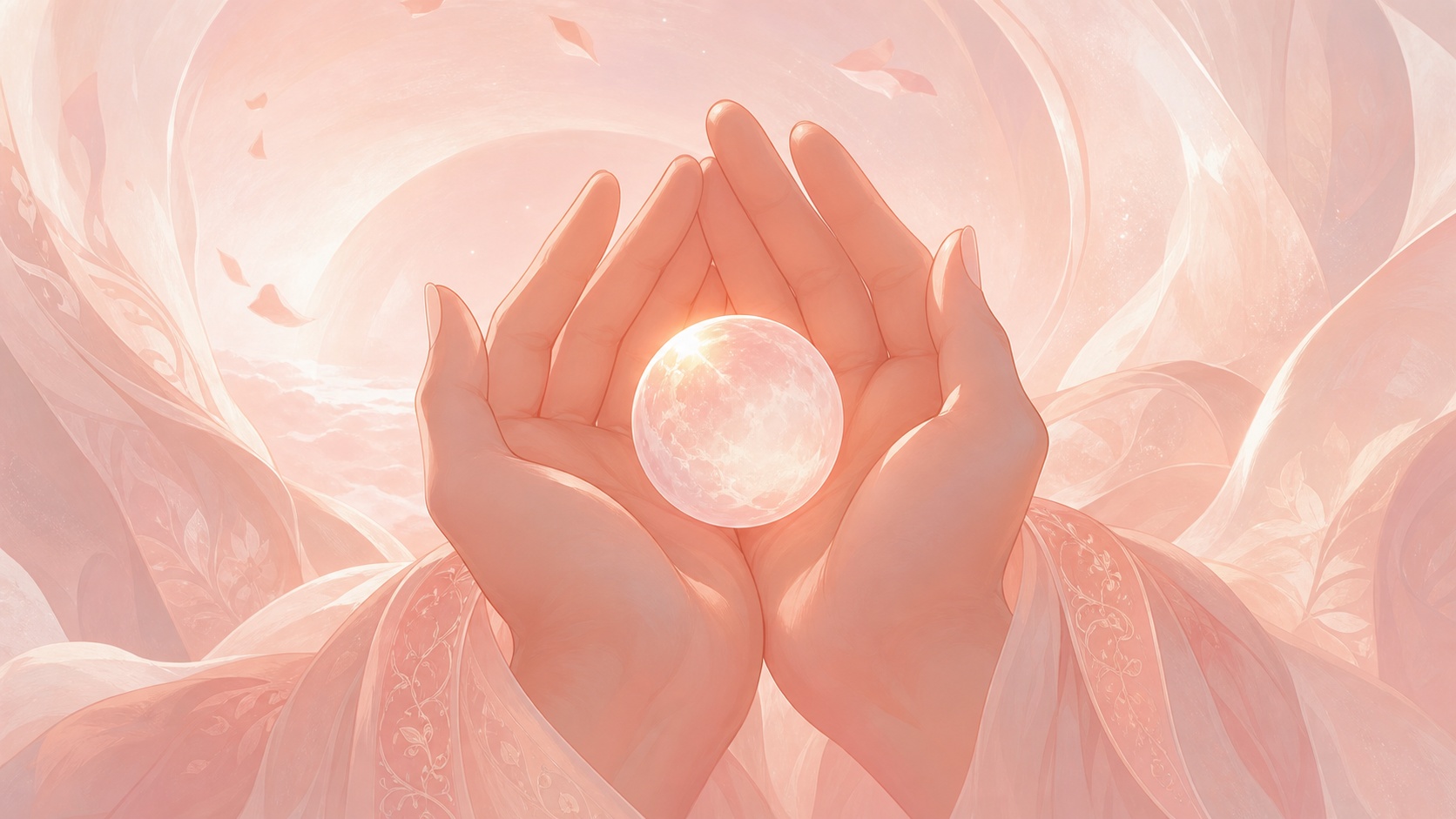 mains moyen-orientales recevant la lumière de l'aube autour d'une pierre de lune, message de l'heure 05:33