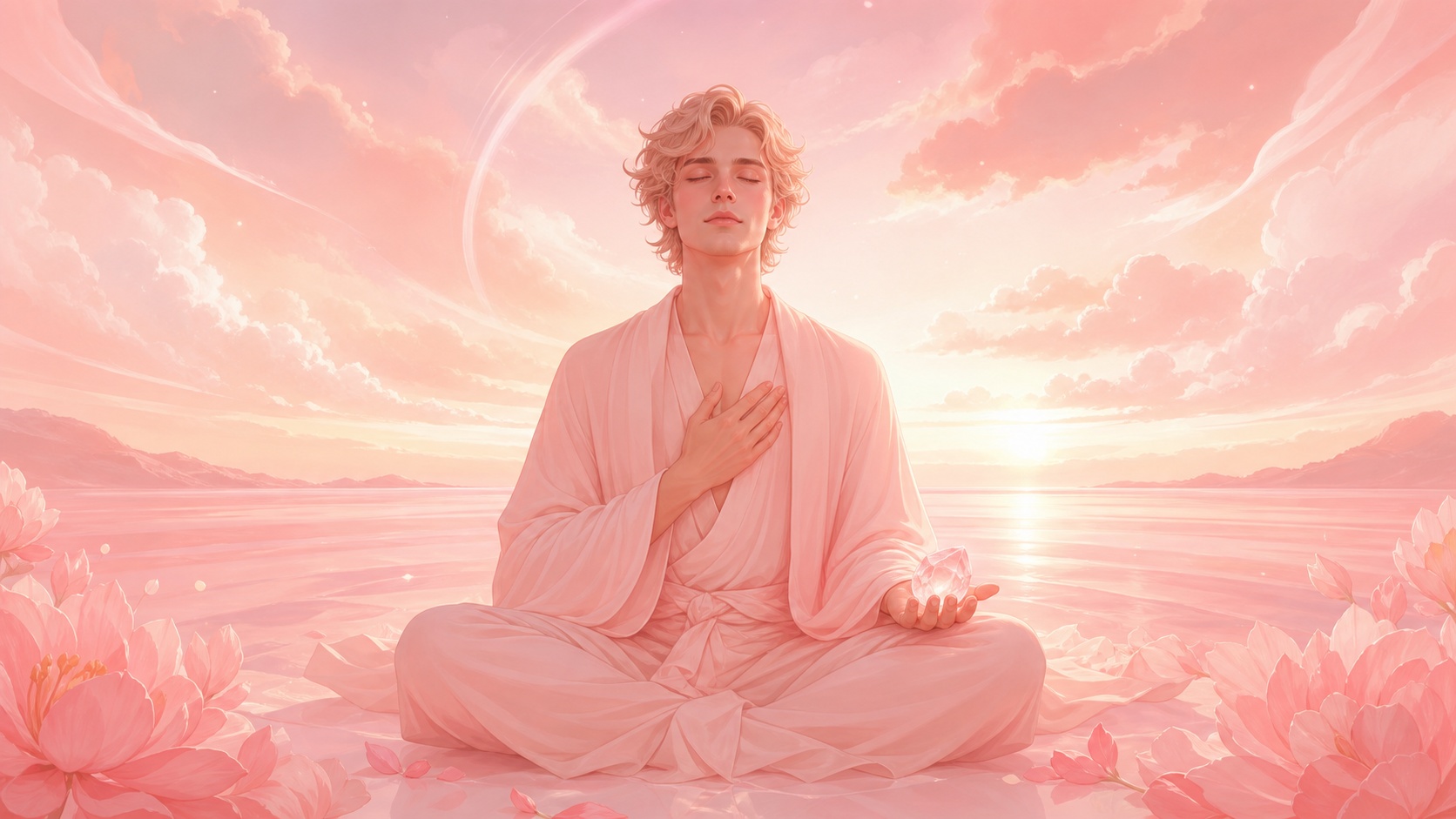 homme européen assis en méditation face à l'aurore avec un quartz rose dans la main, méditation de l'heure 05:33