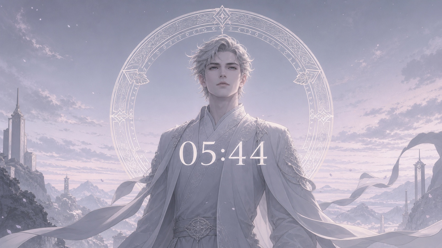 homme nordique devant un anneau gris ardoise clair et blanc perle avec 05:44 et un ciel de pré-aube, signification de l'heure 05:44
