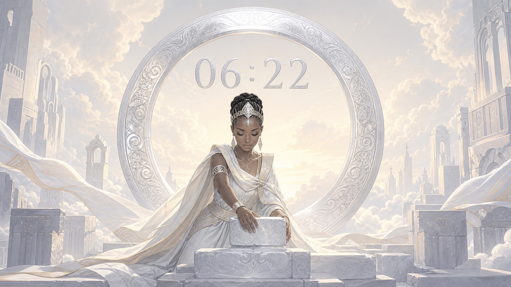femme africaine devant un anneau en pierre claire avec 06:22 en argent lunaire et une aube dorée pâle, signification de l'heure 06:22