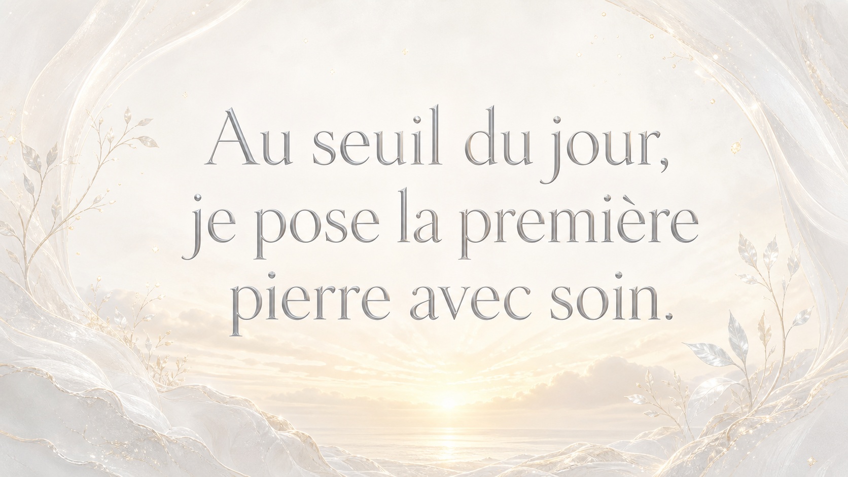 mantra de l'heure 06:22 en argent lunaire sur fond nacré et aube dorée pâle