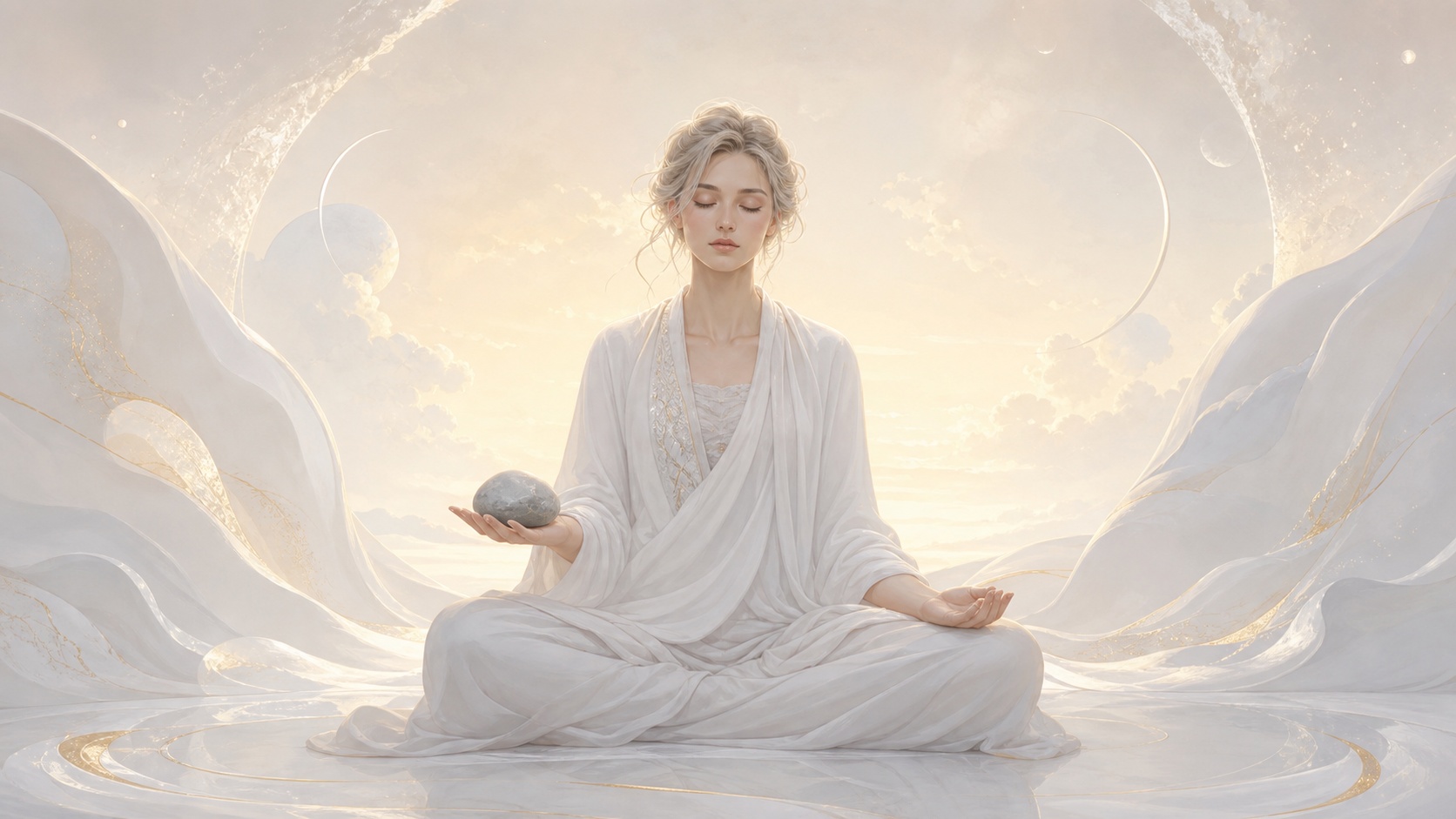 femme européenne assise en méditation dans la lumière de l'aube avec un jaspe gris dans la main, méditation de l'heure 06:22
