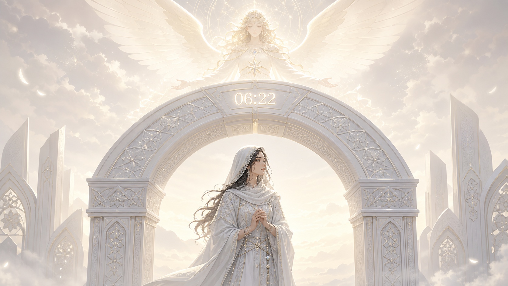 personnage moyen-oriental sous une arche géométrique nacrée avec Pahaliah, symbolique de l'heure 06:22