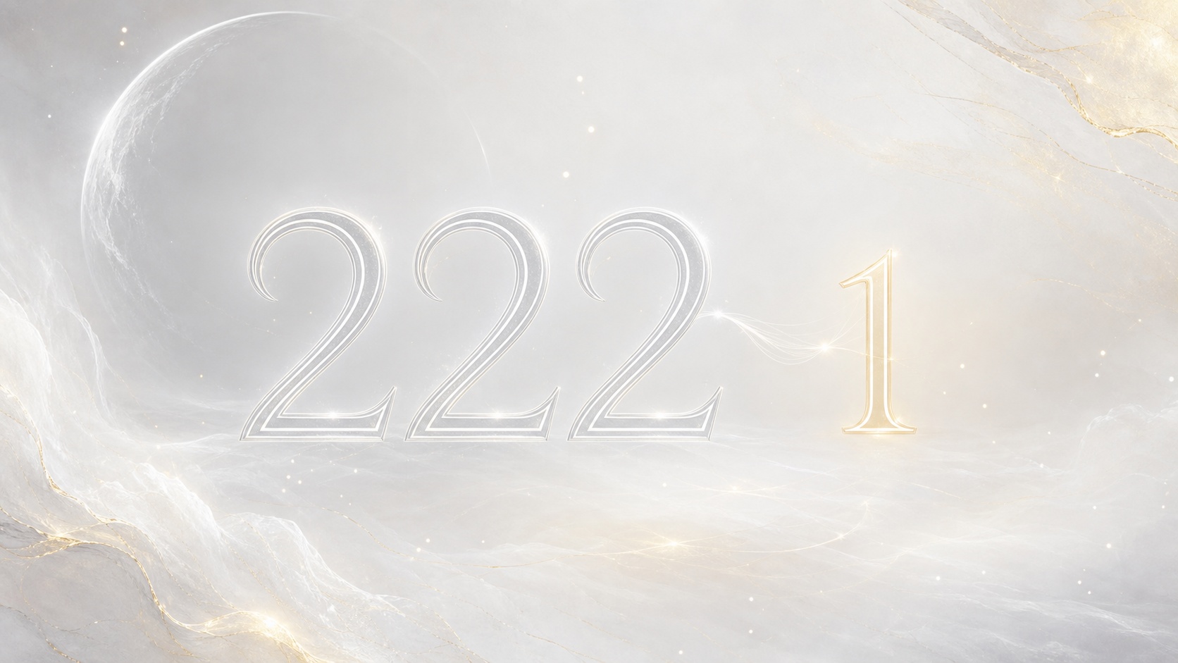 la séquence 222 et le nombre 1 en blanc nacré et argent lunaire, associations de l'heure 06:22