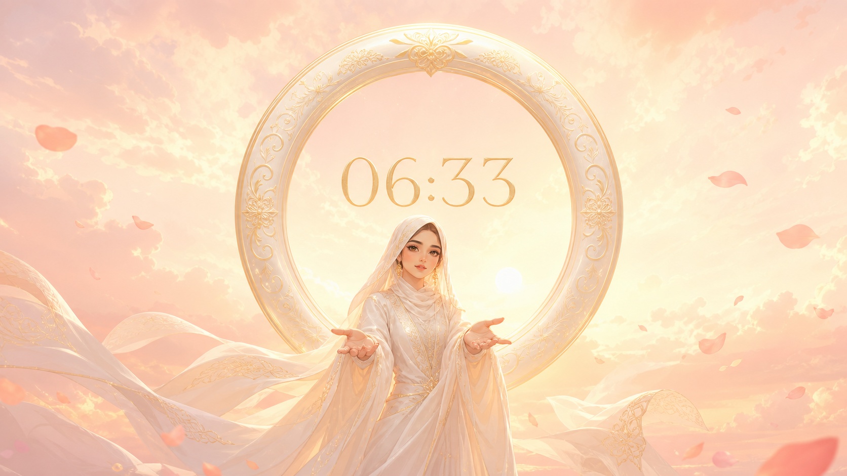 femme moyen-orientale devant un anneau nacré et or avec 06:33 et un matin corail doux, signification de l'heure 06:33