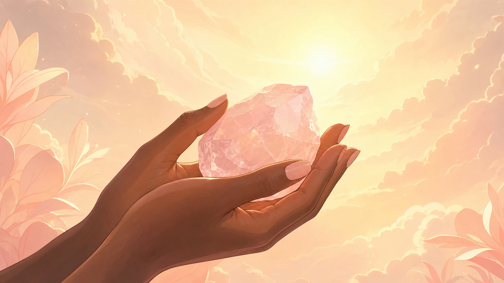 mains africaines offrant un quartz rose à la lumière du matin, message de l'heure 06:33