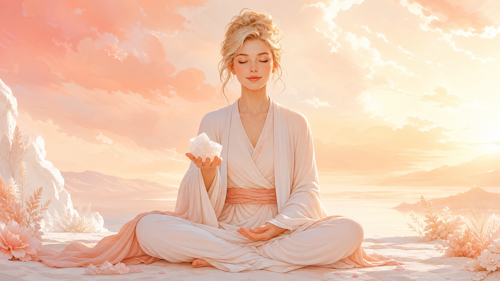 femme européenne assise en méditation dans la lumière du matin avec une calcite blanche dans la main, méditation de l'heure 06:33