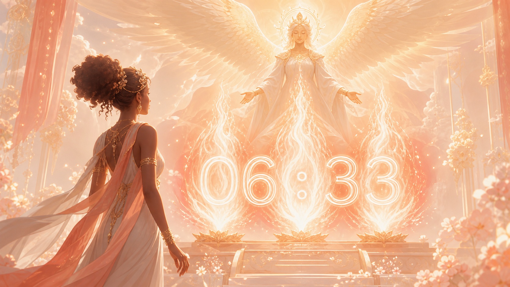 personnage africain devant trois flammes corail avec Pahaliah, symbolique de l'heure 06:33
