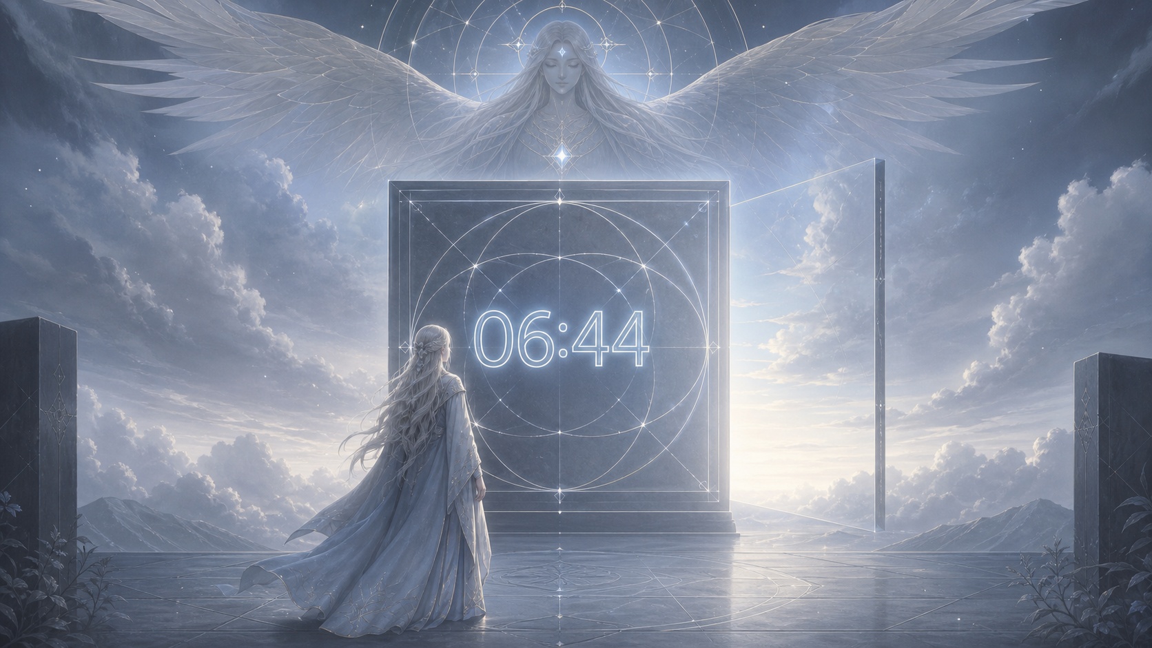 personnage nordique devant un carré géométrique doublement ancré gris ardoise et bleu pâle avec Nelchael, symbolique de l'heure 06:44