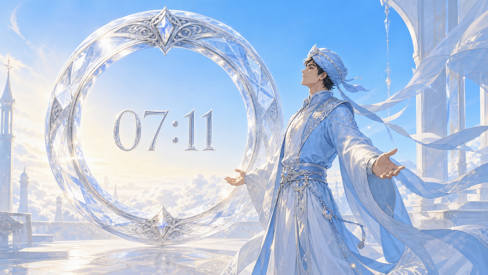 homme moyen-oriental devant un anneau en cristal clair avec 07:11 en argent lunaire et un ciel de matin bleu et doré pâle, signification de l'heure 07:11
