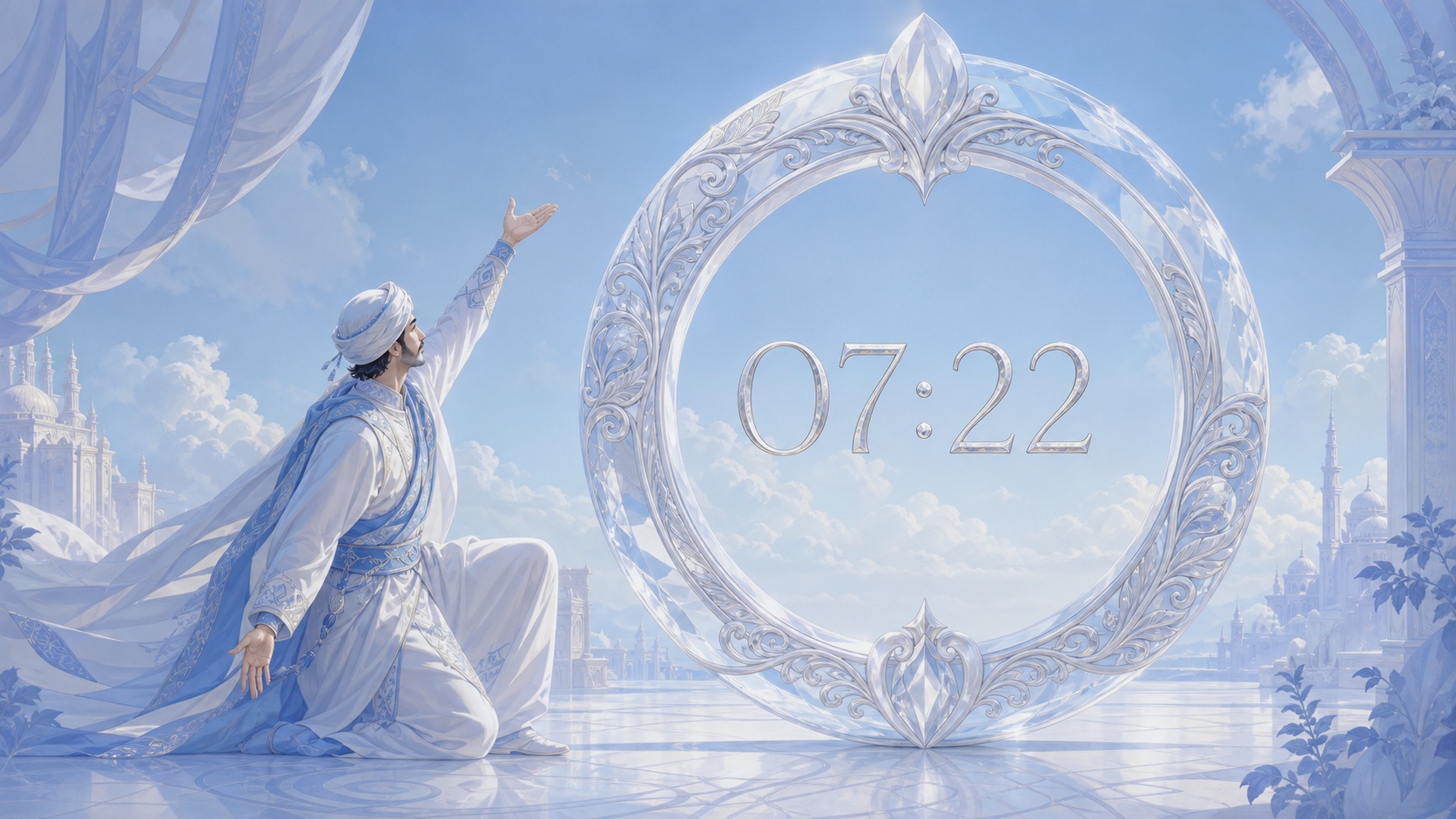 homme moyen-oriental devant un anneau en cristal avec 07:22 en argent lunaire et un matin bleu doux, signification de l'heure 07:22