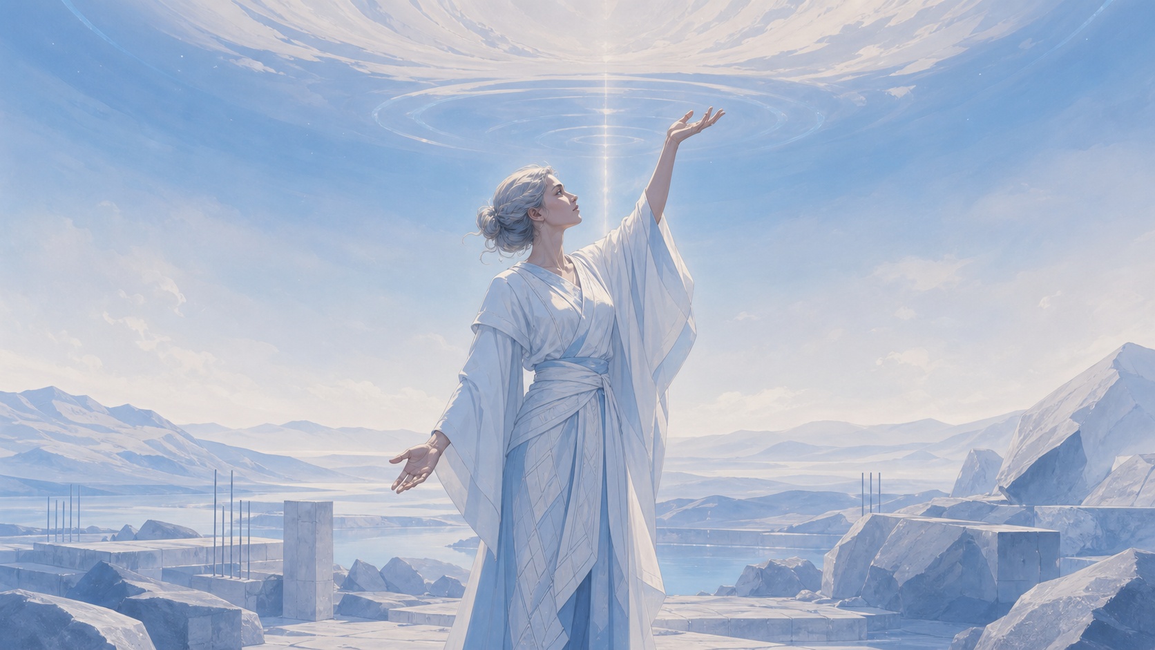 femme européenne debout entre terre et ciel dans un matin doux, vibration de l'heure 07:22